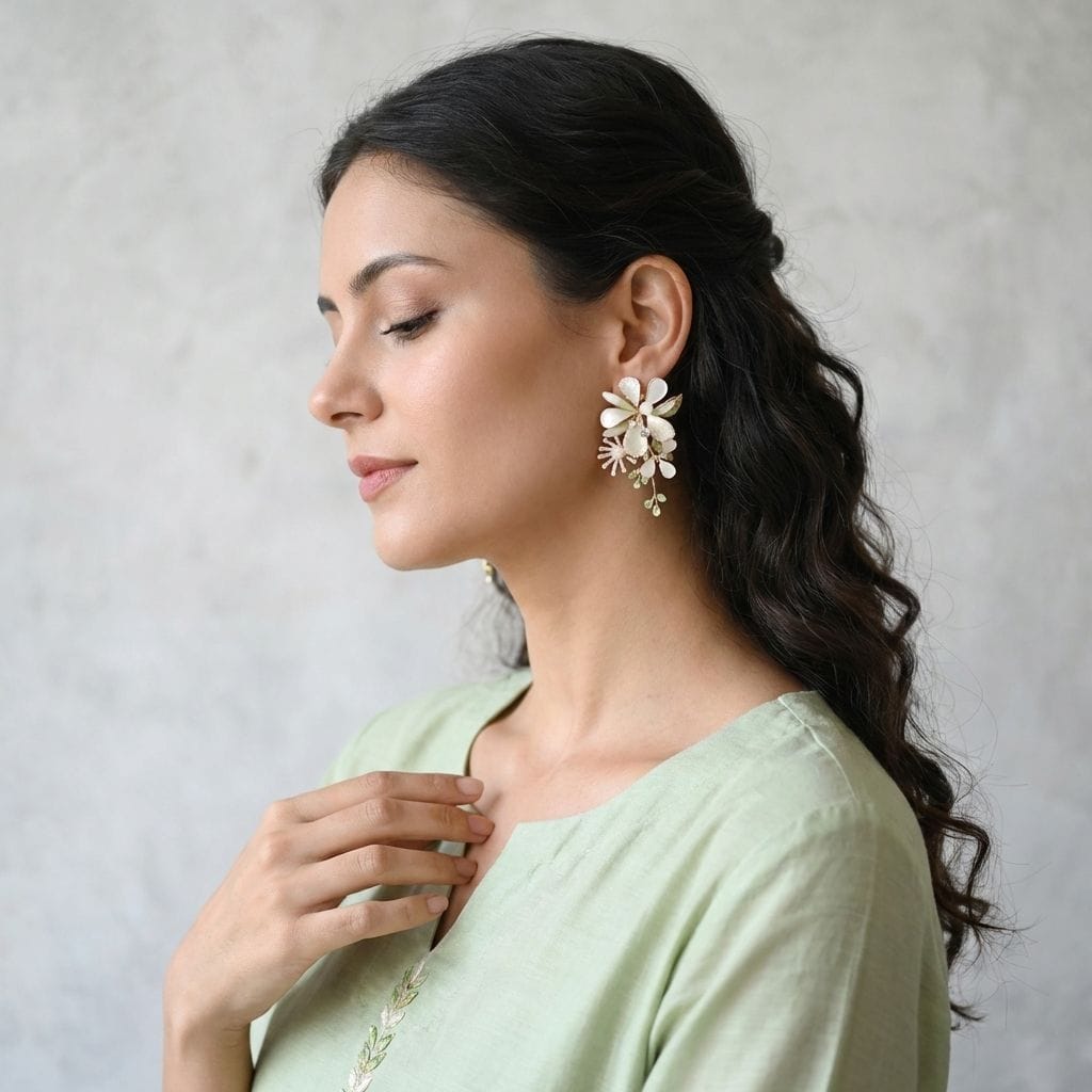 White Floral Resin Statement Earrings with Crystal Accents