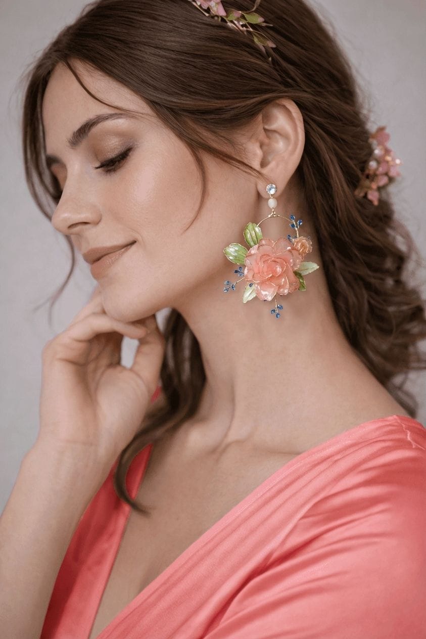 Peach Pink Rose Floral Resin Hoop Earrings for Women