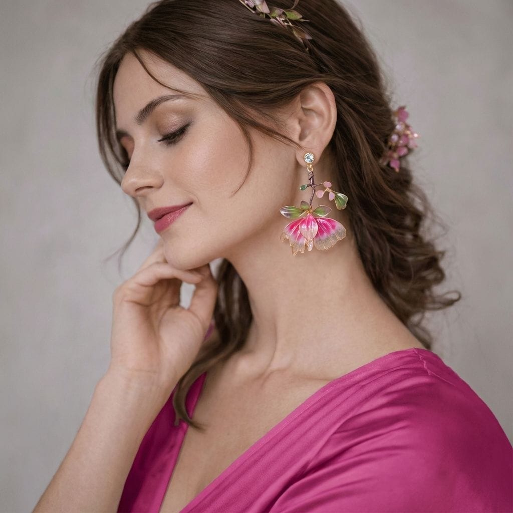 Rani Pink Floral Resin Drop Earrings with Green Leaves