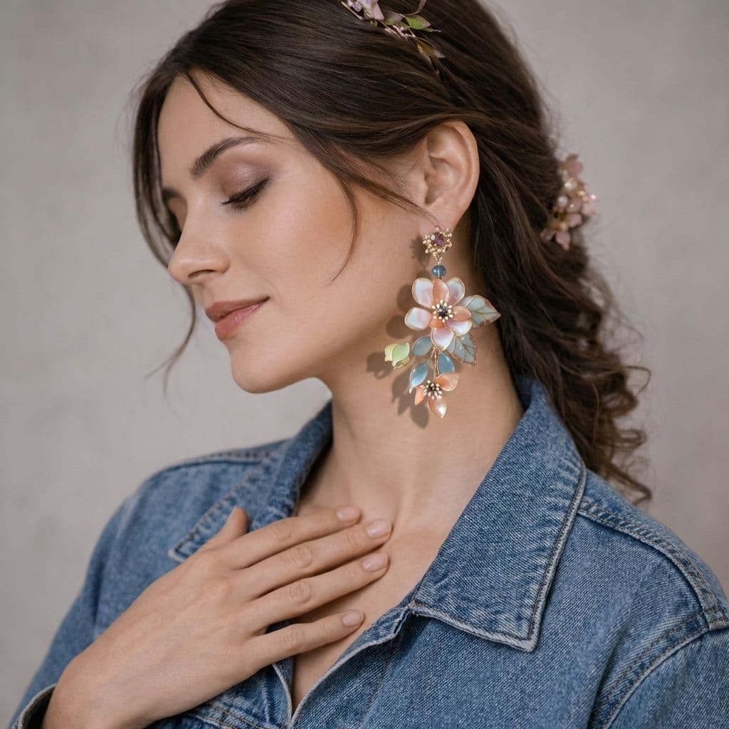 Peach and White Floral Resin Drop Earrings with Leaf Design