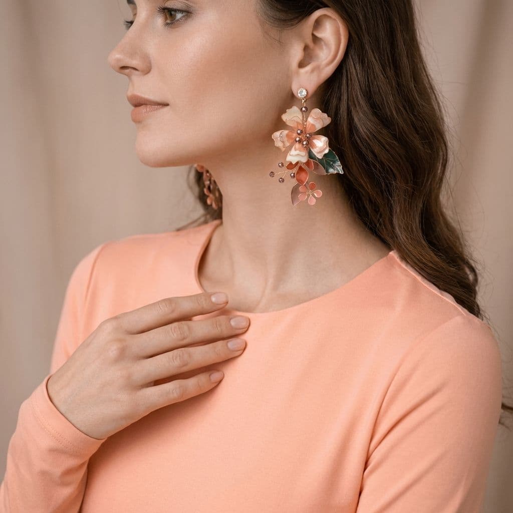 Peach Pink Floral Resin Drop Earrings with Maroon Leaf Design