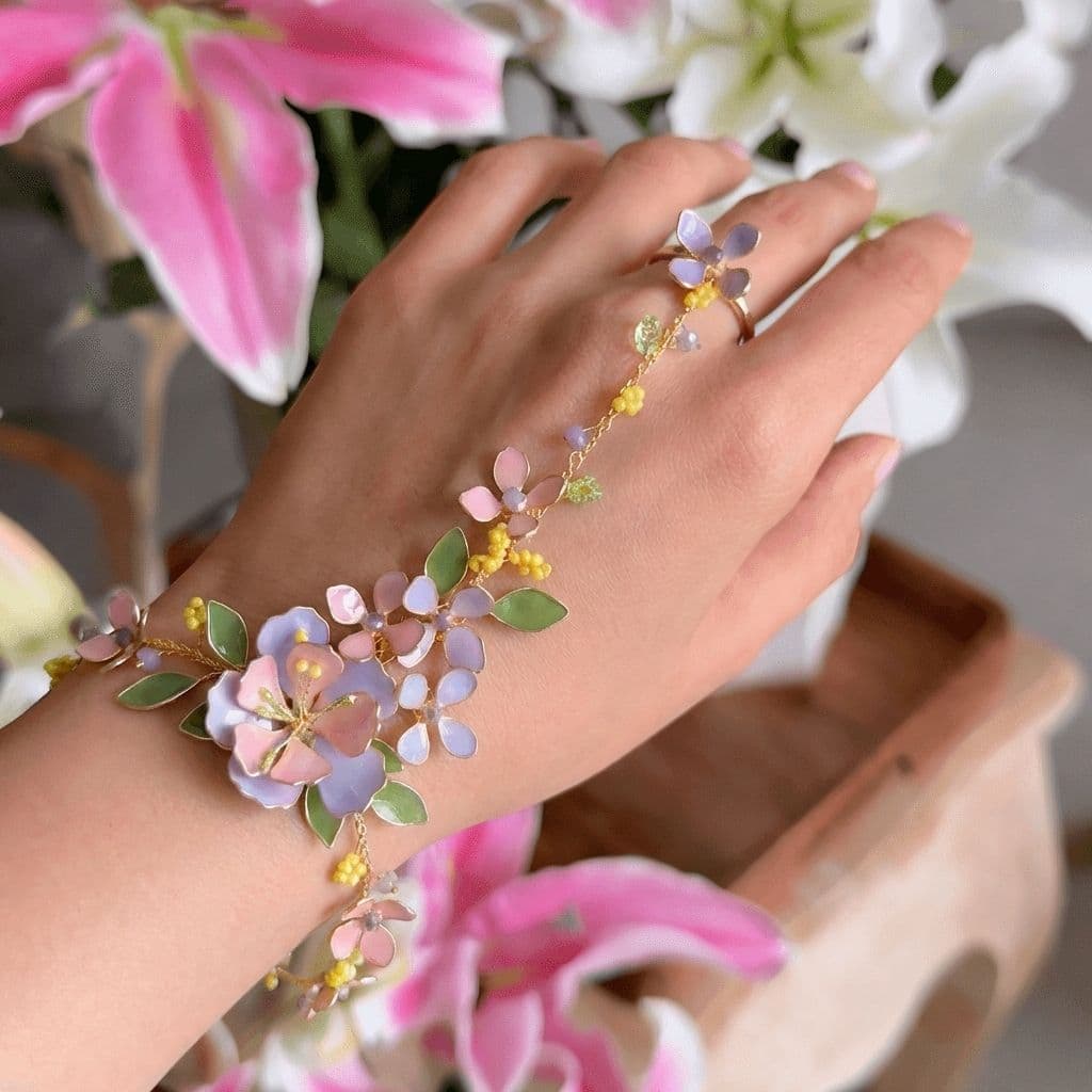 Lavender Pink Floral Resin Hathphool with Green Leaf Accents