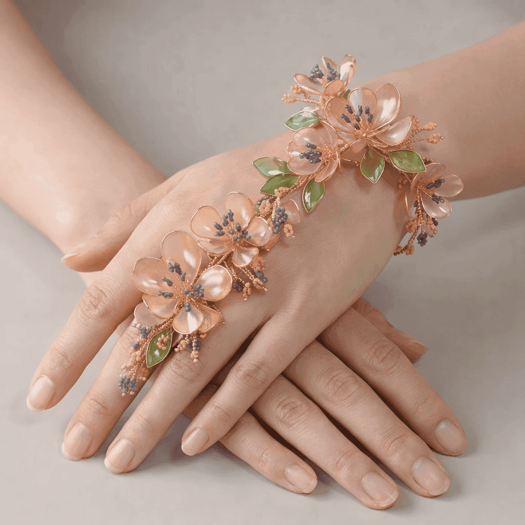 Peach Blossom Resin Hathphool with Green Leaf Accents