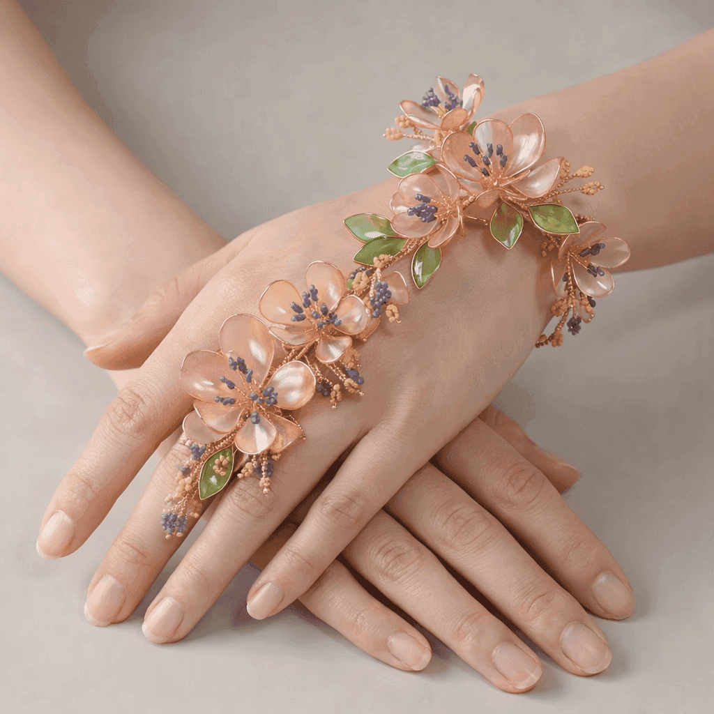 Peach Blossom Resin Hathphool with Green Leaf Accents