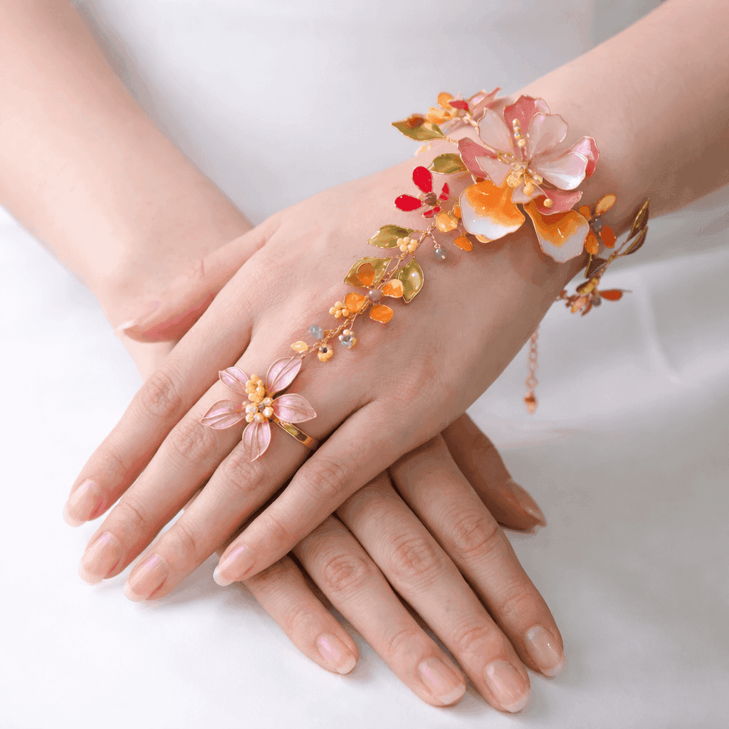 Peach Orange Floral Resin Hathphool with Pink Blossoms