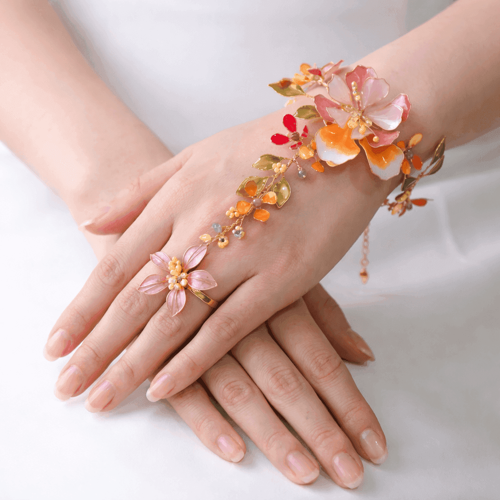 Peach Orange Floral Resin Hathphool with Pink Blossoms