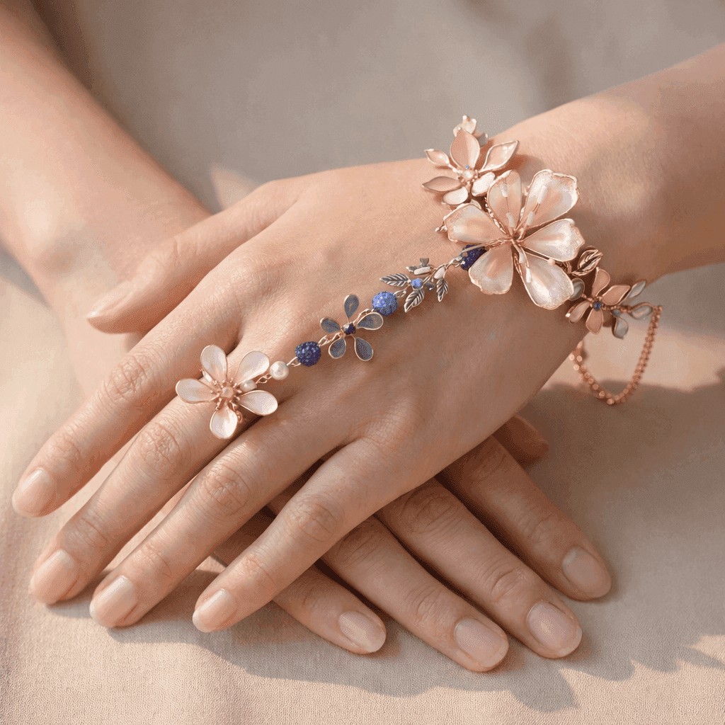 Peach Floral Resin Hathphool with Blue Beads