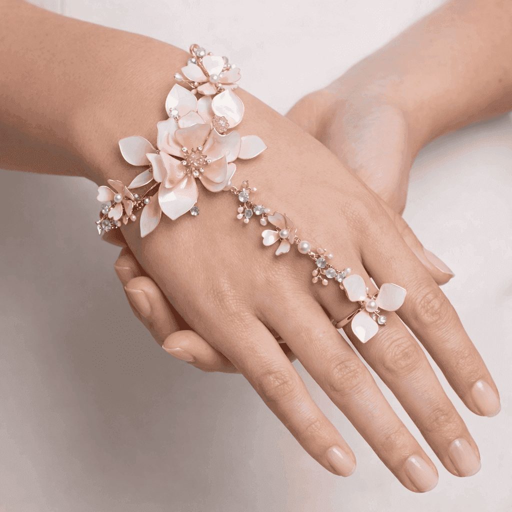 Ivory Peach Floral Resin Hathphool with Crystal Details