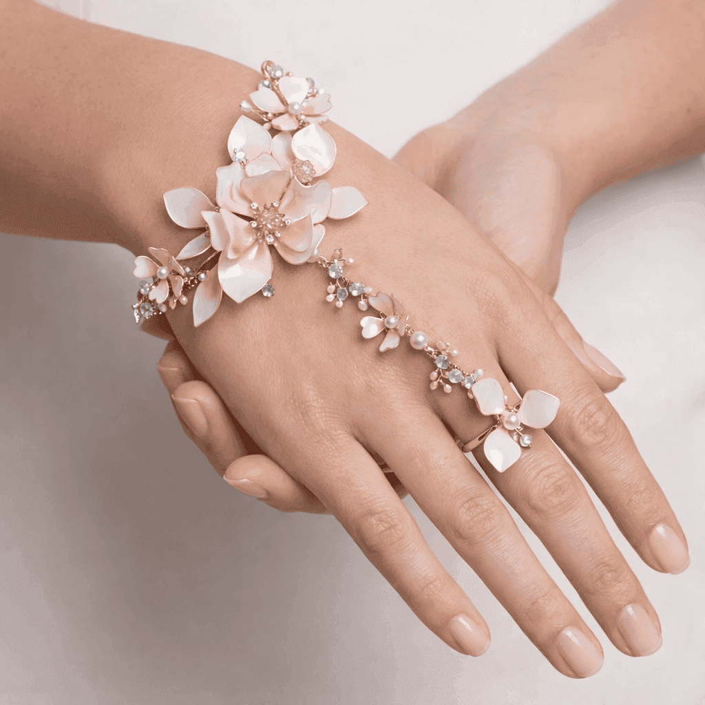 Ivory Peach Floral Resin Hathphool with Crystal Details