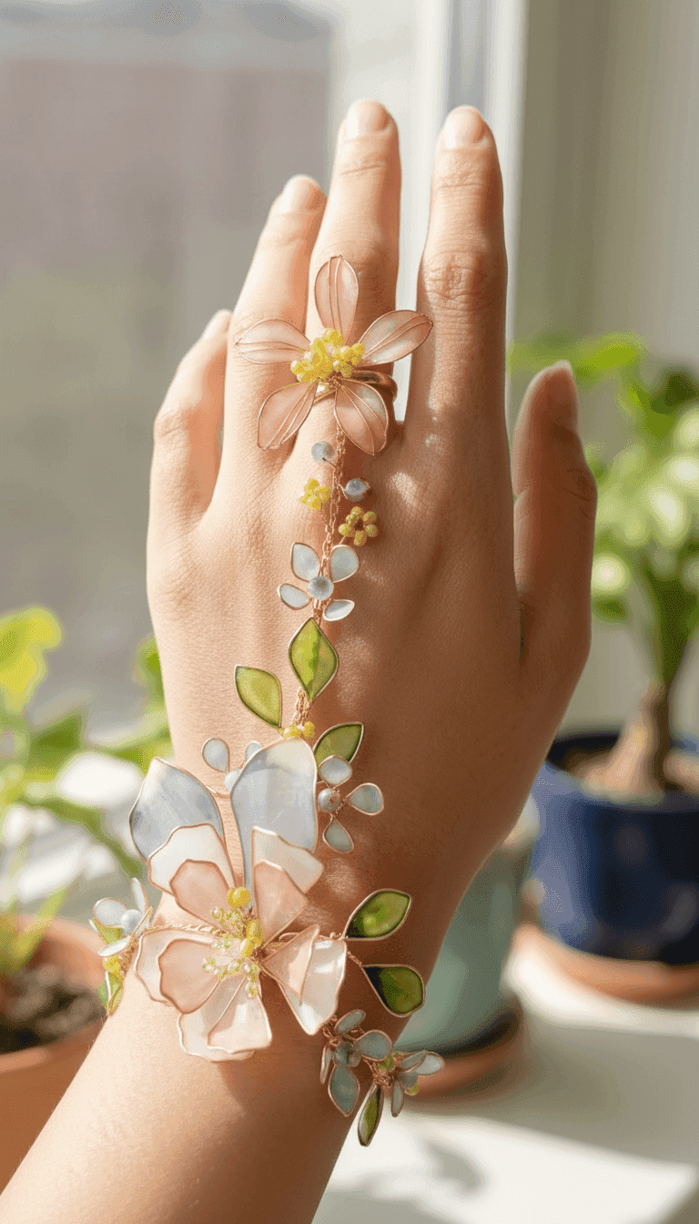 Blush Peach Floral Resin Hathphool with Green Leaves
