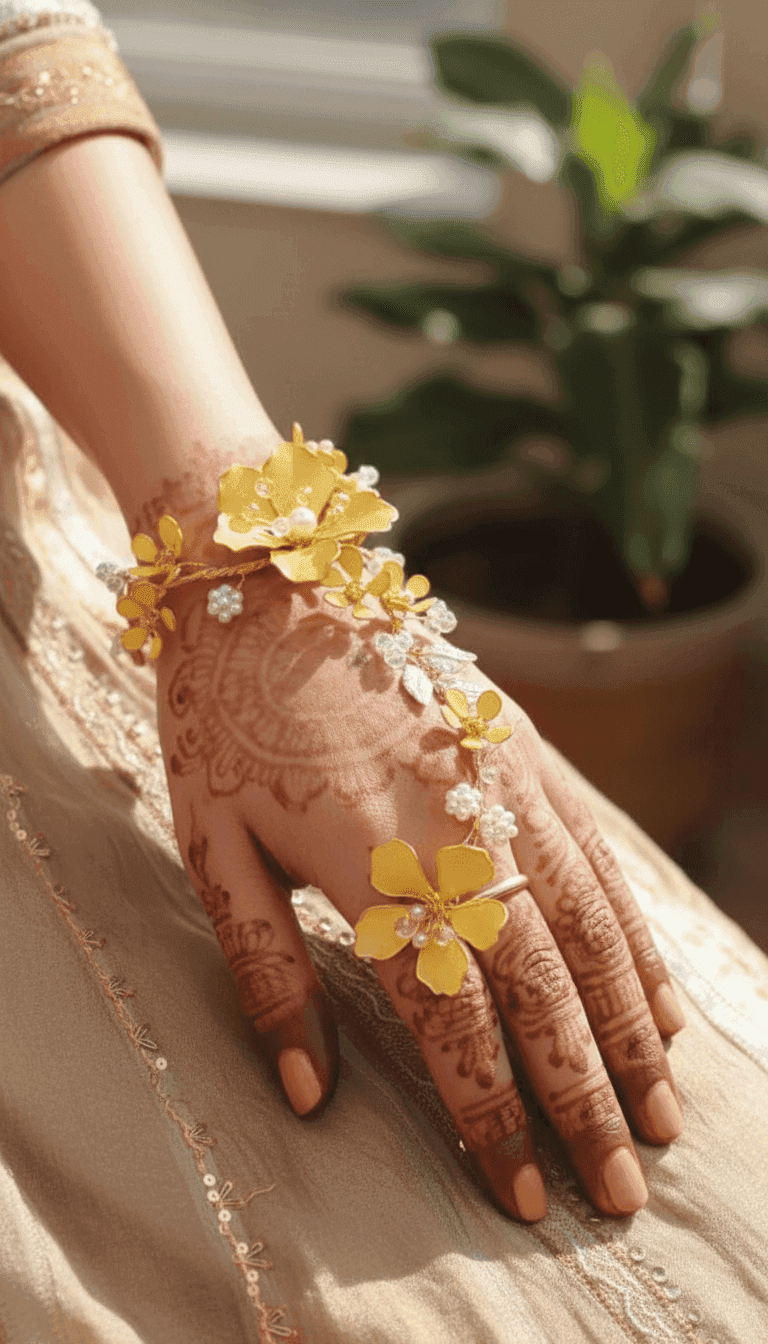 Sunshine Yellow Floral Resin Hathphool with Pearl Accents