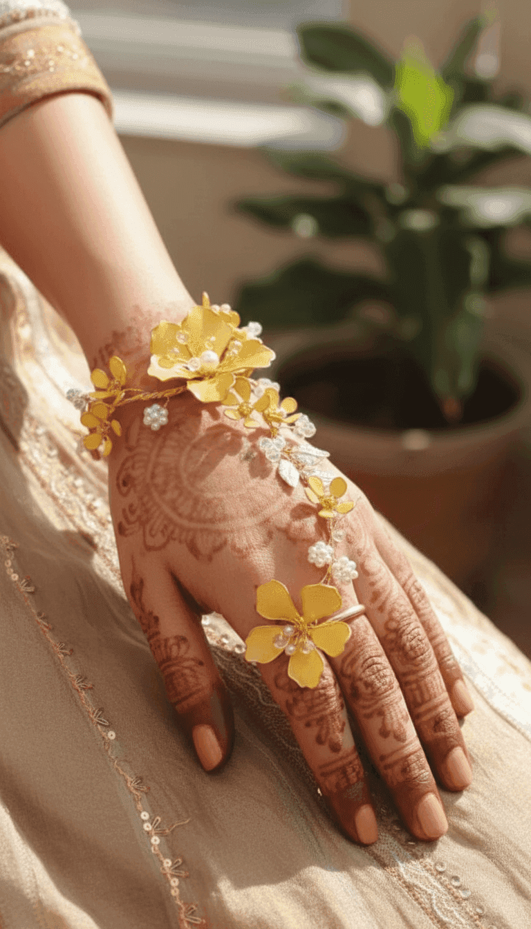 Sunshine Yellow Floral Resin Hathphool with Pearl Accents