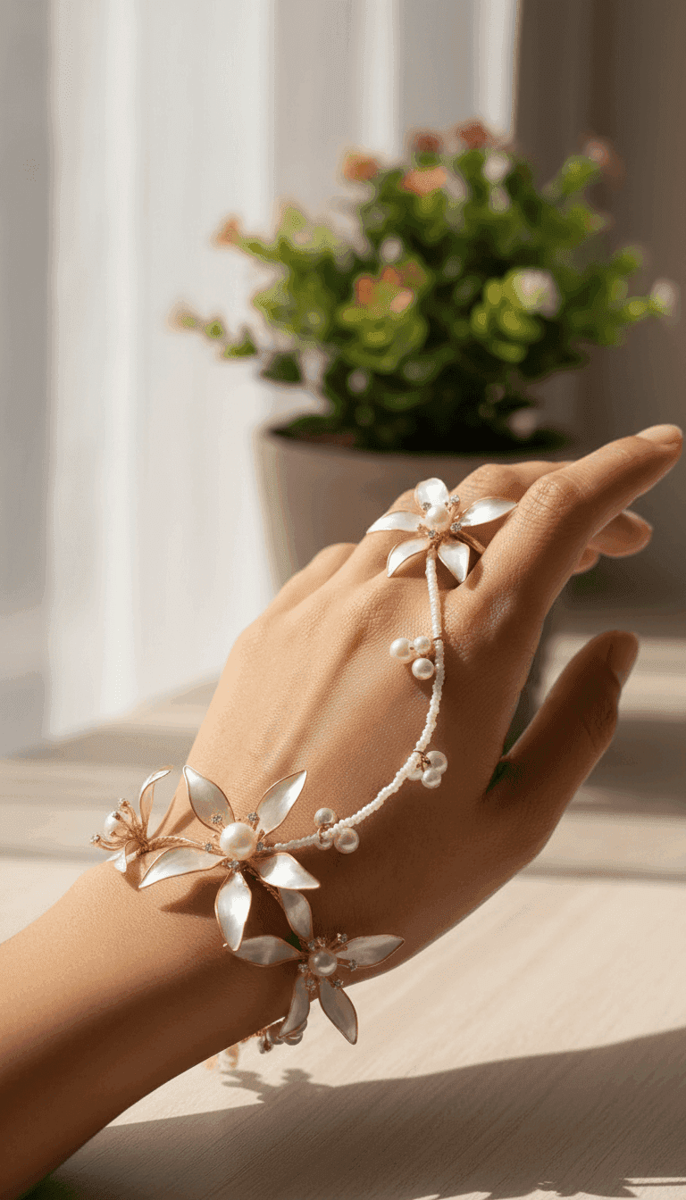 Ivory White Floral Resin Hathphool with Pearl Chain