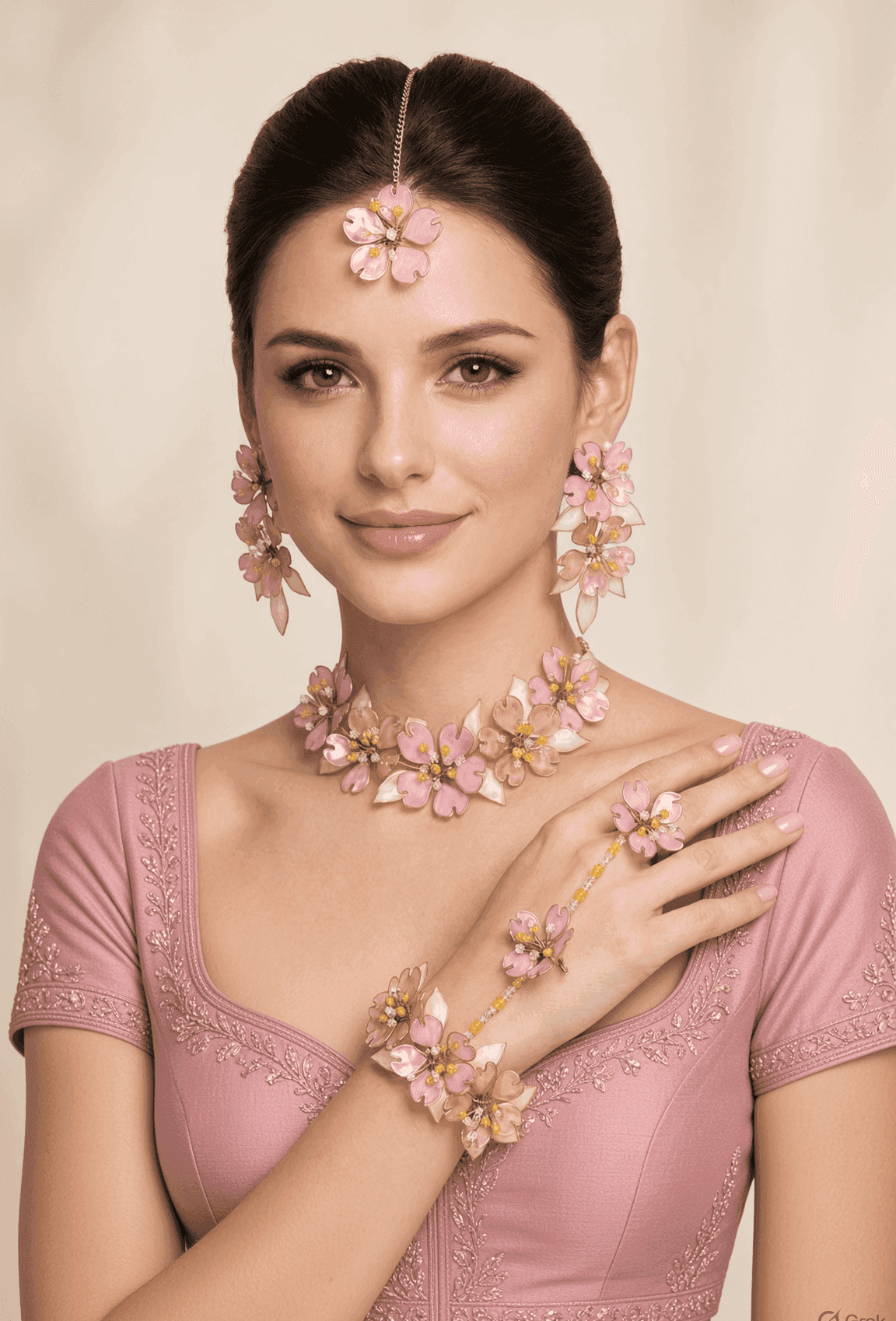 Blush Pink Floral Resin Jewellery Set for Haldi Brides