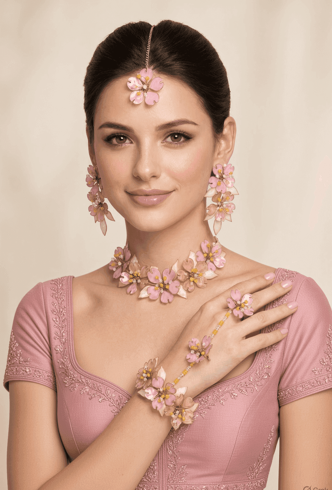 Blush Pink Floral Resin Jewellery Set for Haldi Brides