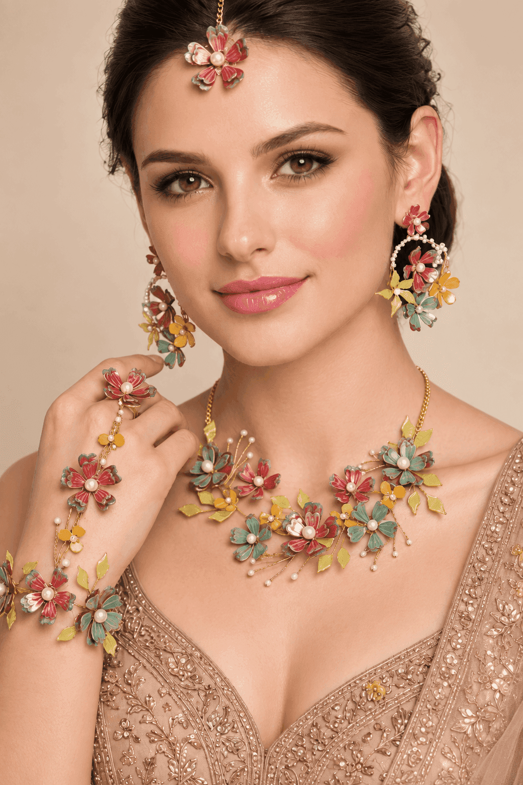 Vibrant Multicolour Floral Resin Jewellery Set for Haldi