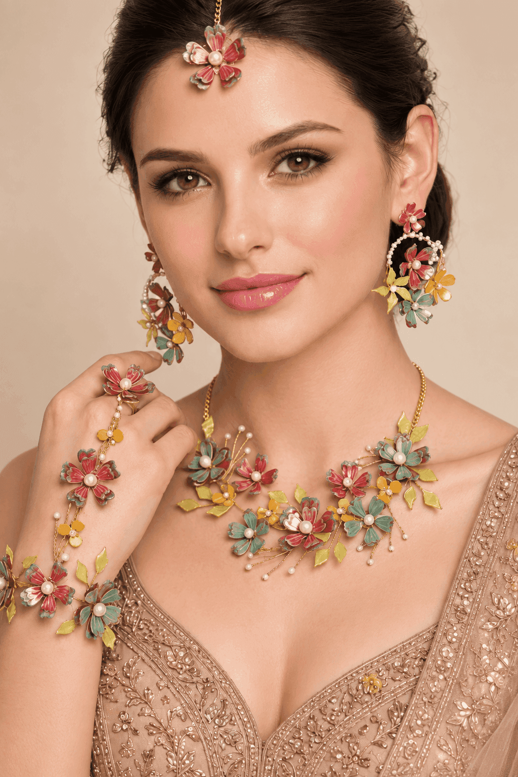 Vibrant Multicolour Floral Resin Jewellery Set for Haldi