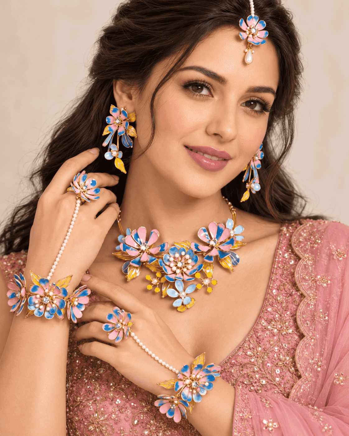 Blue and Pink Floral Resin Jewellery Set for Haldi Brides