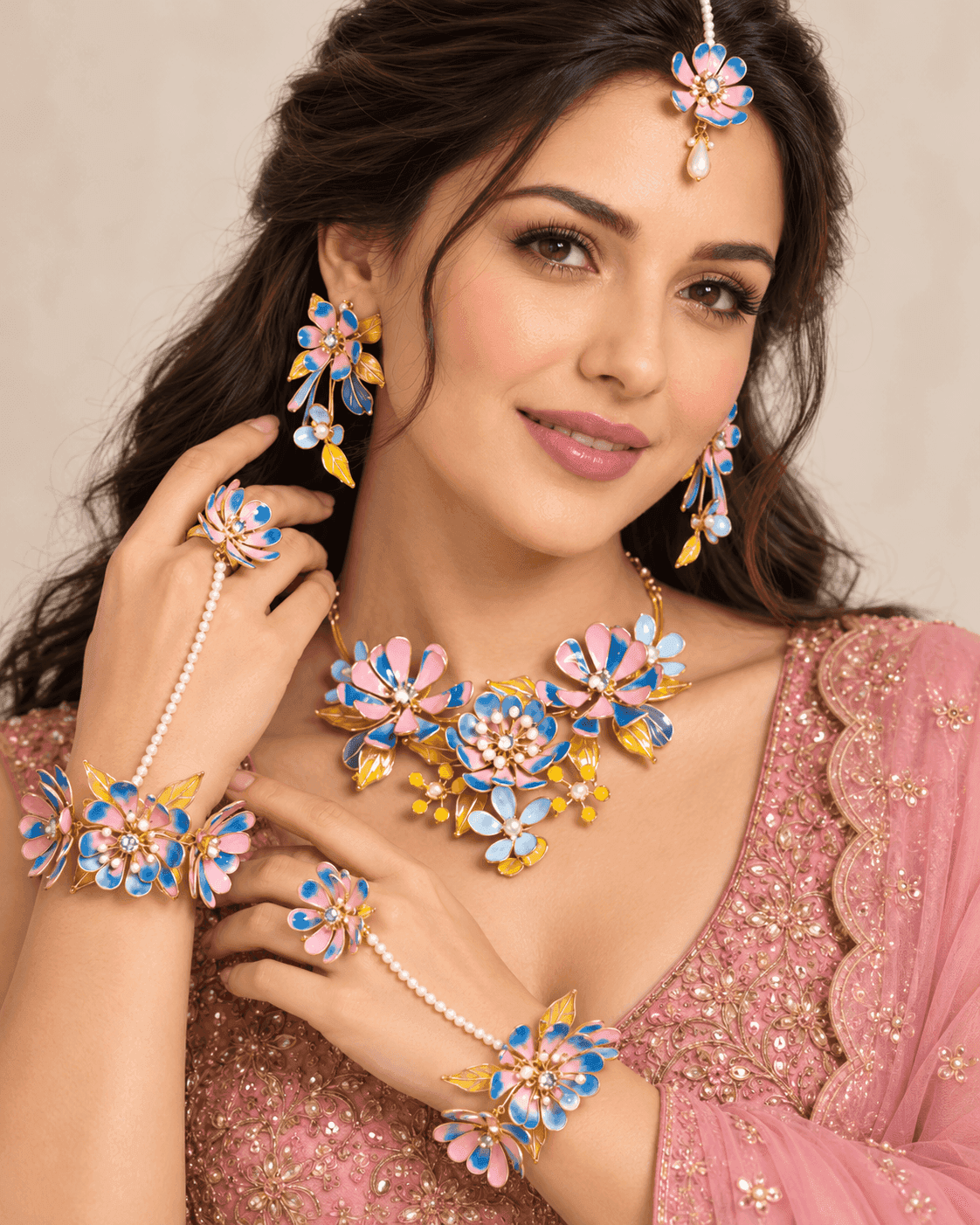 Blue and Pink Floral Resin Jewellery Set for Haldi Brides