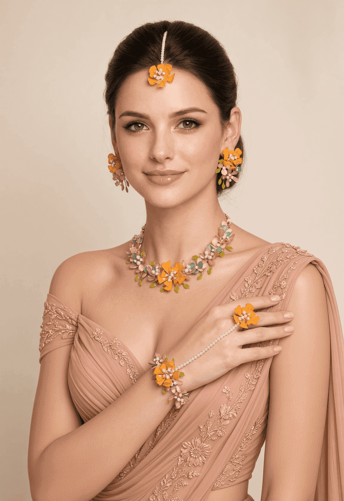 Orange and Peach Floral Resin Jewellery Set for Haldi Brides
