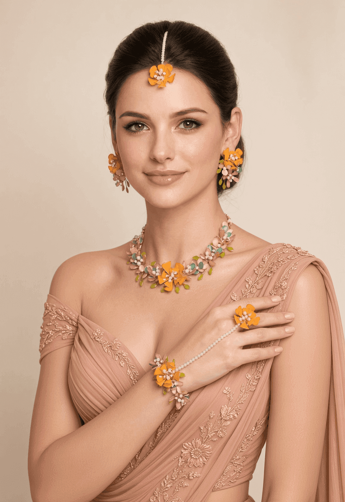Orange and Peach Floral Resin Jewellery Set for Haldi Brides