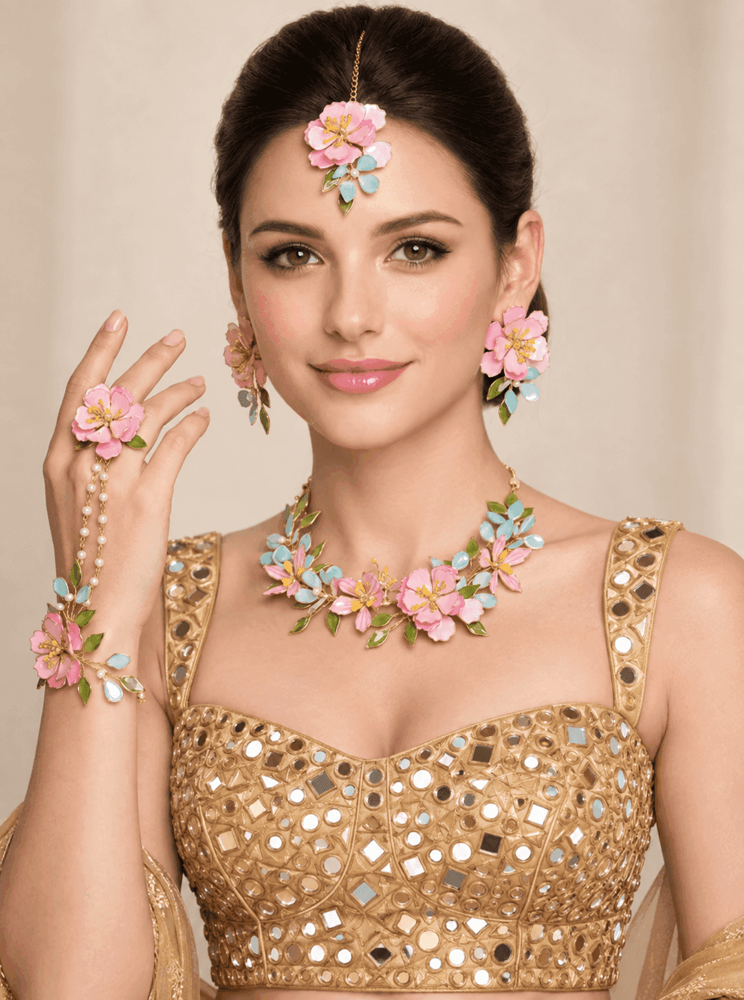 Blush Pink Garden Bloom Resin Haldi Jewellery Set