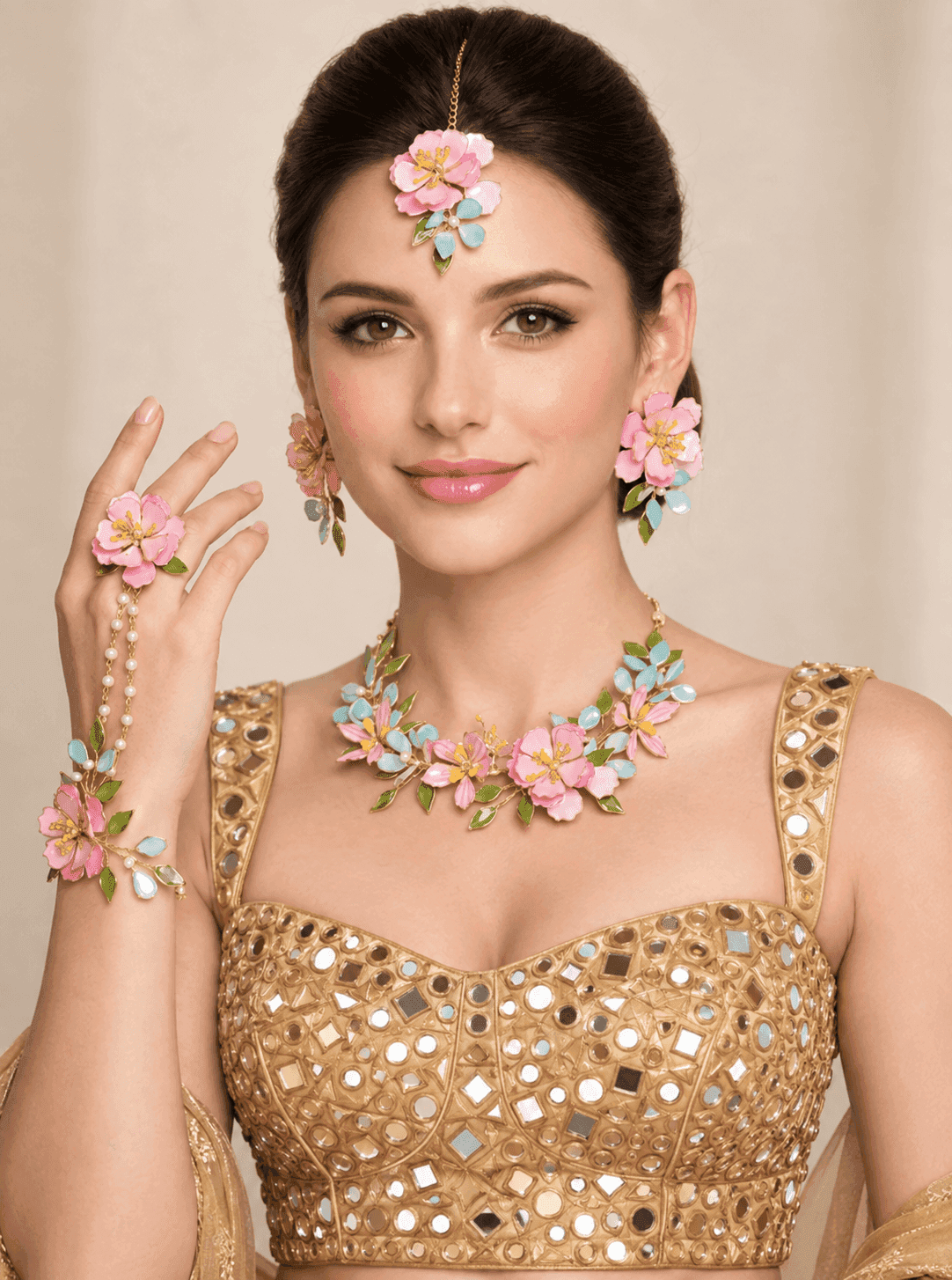 Blush Pink Garden Bloom Resin Haldi Jewellery Set