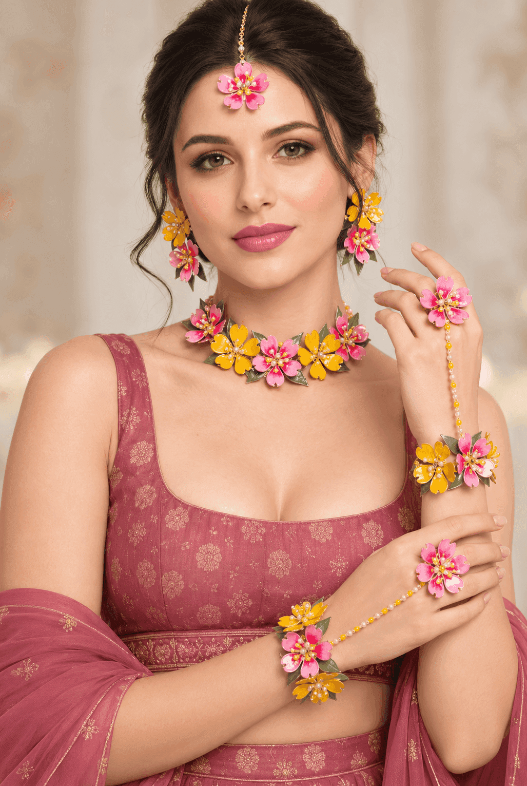 Sunshine Pink and Yellow Floral Resin Haldi Jewellery Set