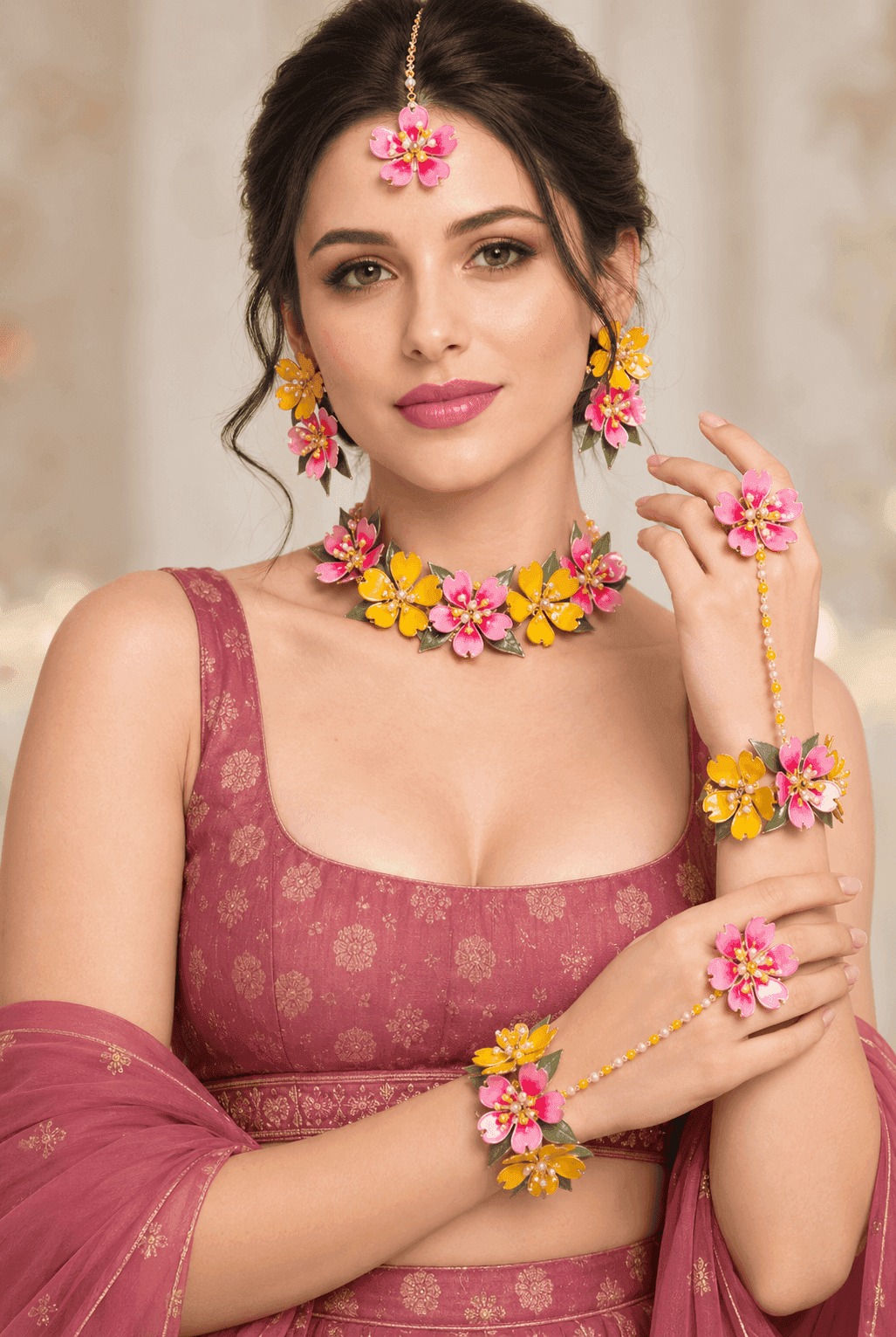 Sunshine Pink and Yellow Floral Resin Haldi Jewellery Set