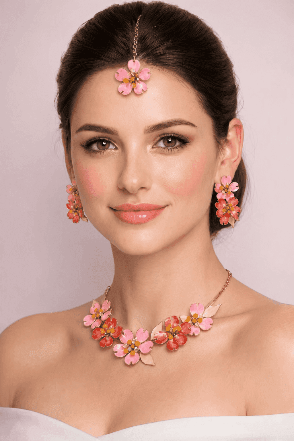 Peach Blossom Pink and Coral Resin Haldi Jewellery Set