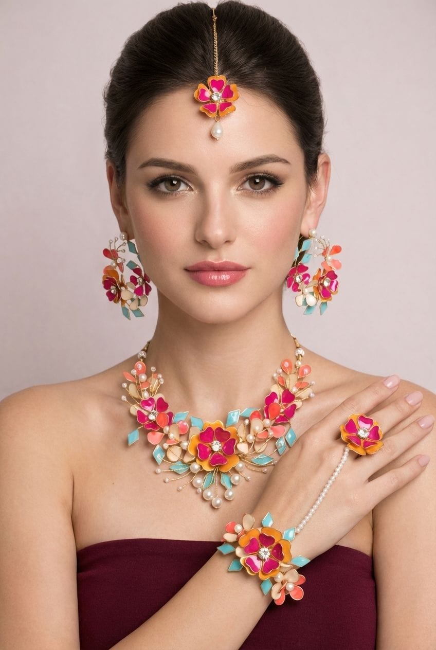 Rani Pink and Orange Floral Resin Haldi Jewellery Set