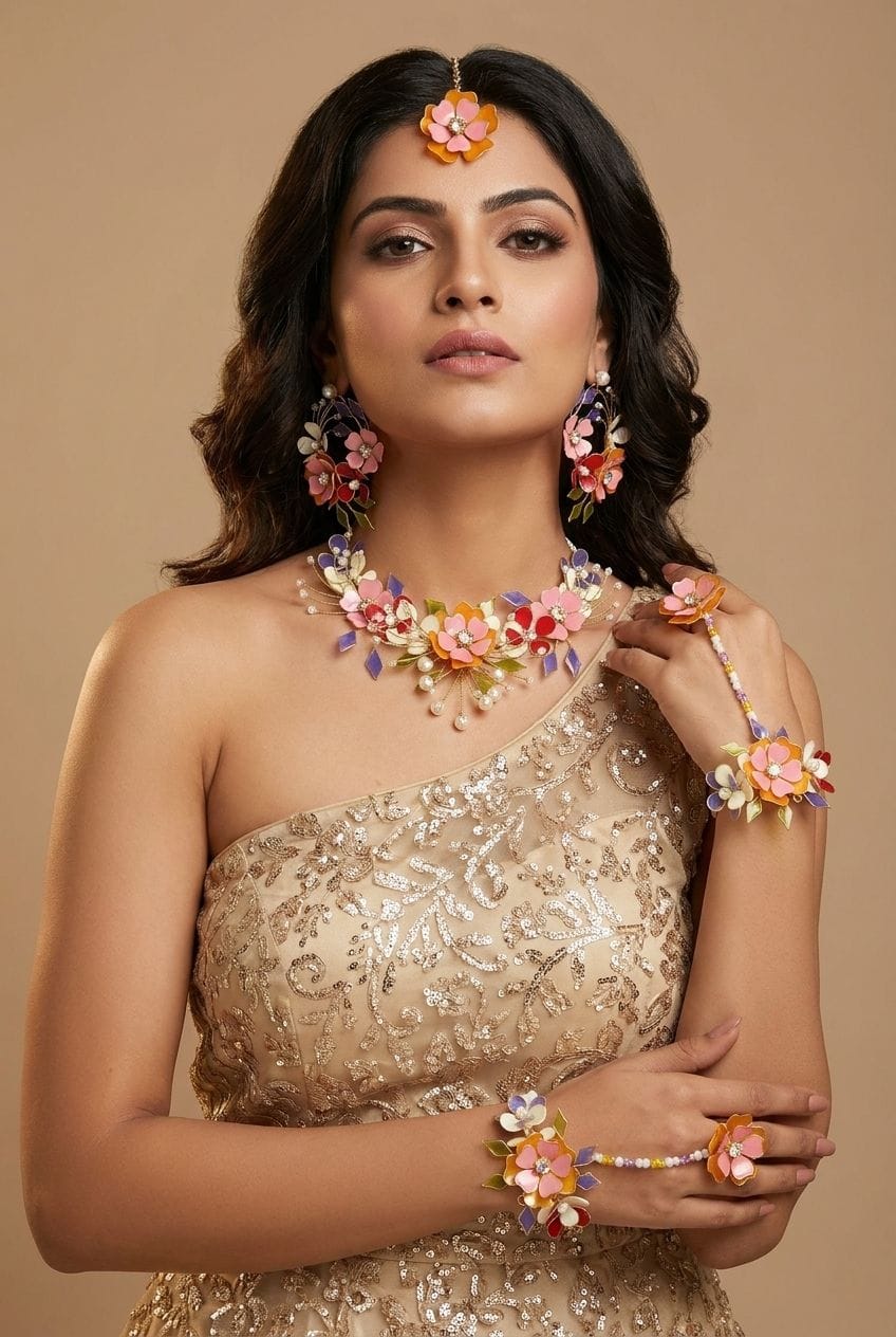 Rainbow Blossom Multicolour Resin Haldi Jewellery Set with Hathphool