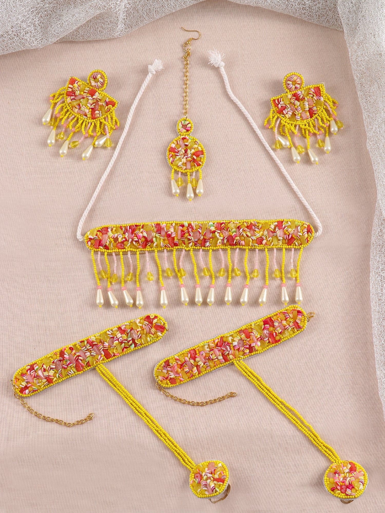 Handmade Yellow and Pink Beaded Haldi Jewellery Set for Bride