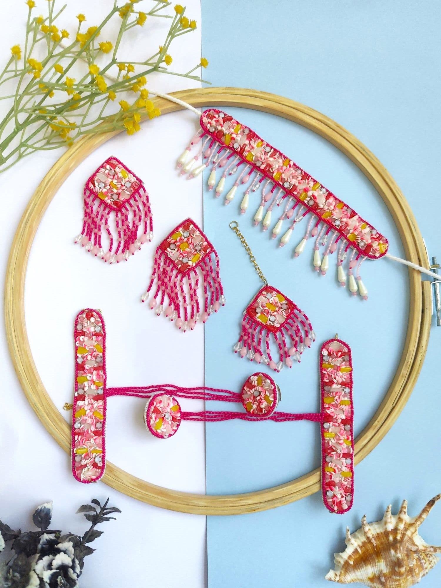 Handmade Rani Pink Beaded Haldi Jewellery Set