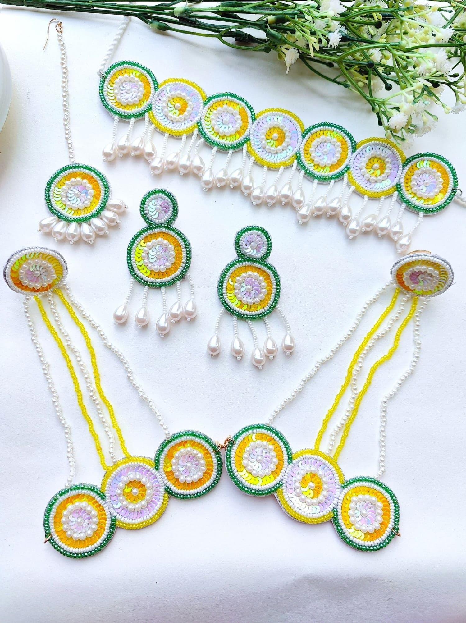 Handmade Yellow and Green Sequin Haldi Jewellery Set for Bride