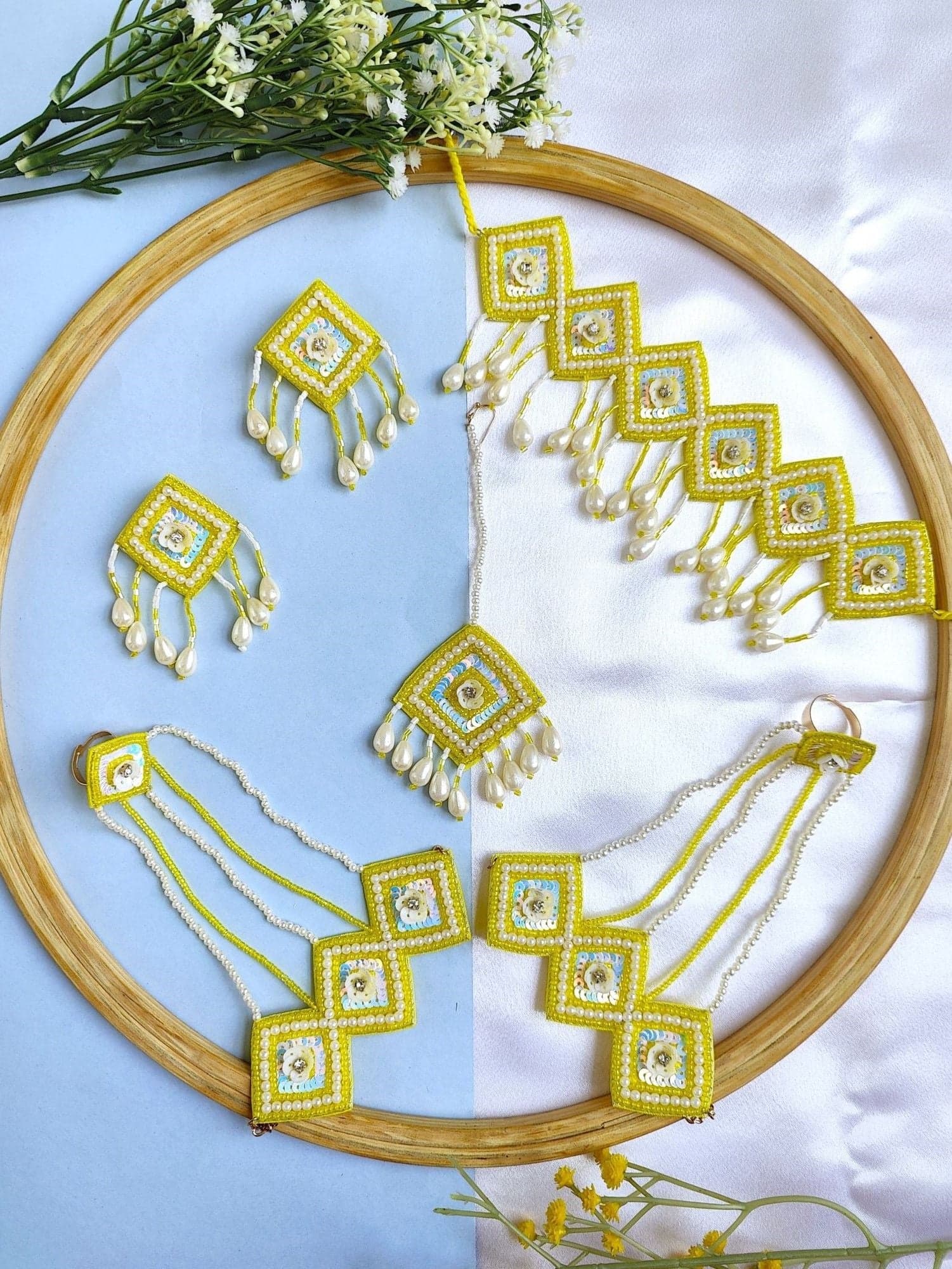 Handmade Yellow Square Design Haldi Jewellery Set for Bride