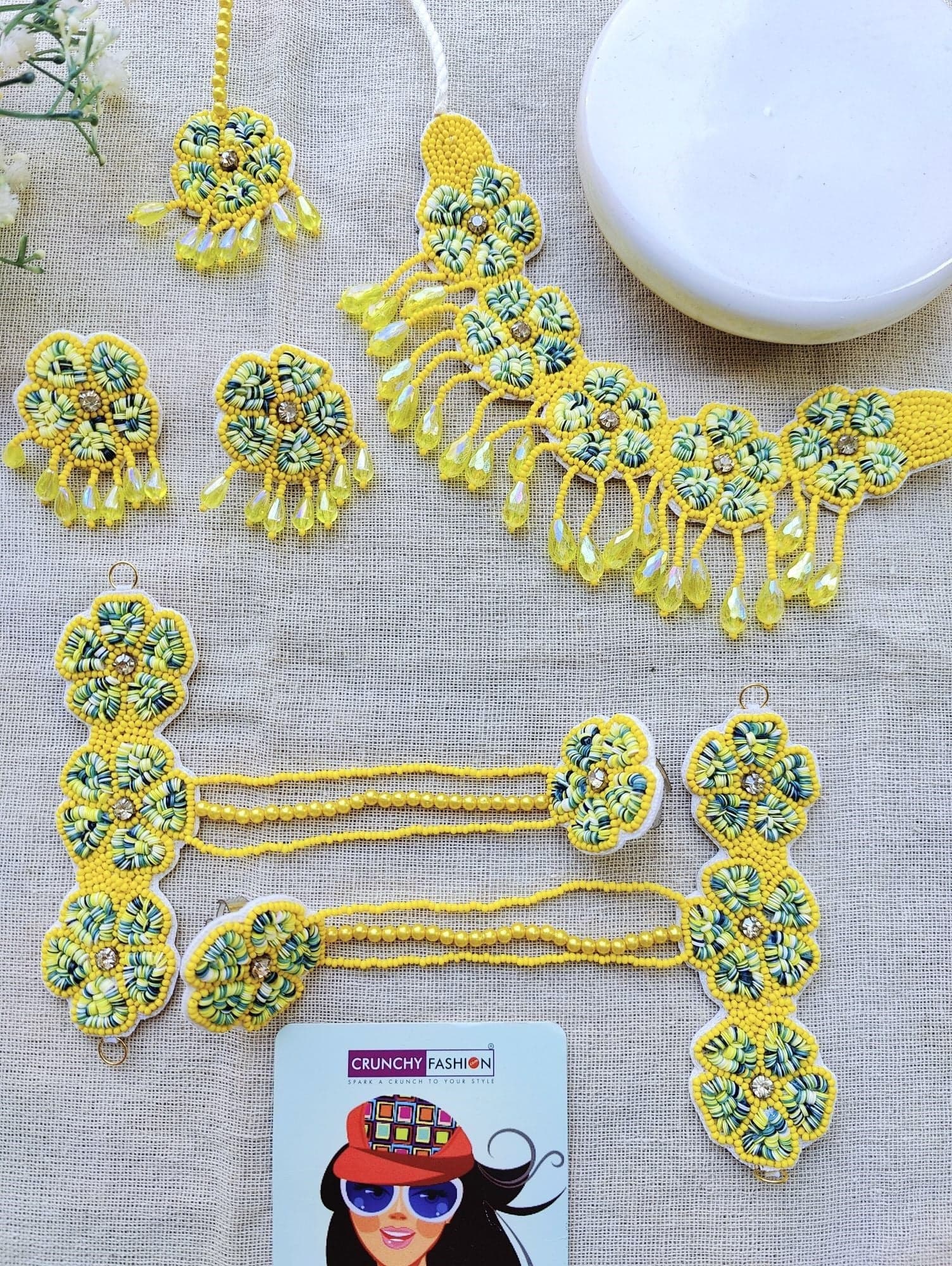 Handmade Yellow and Green Floral Beaded Haldi Jewellery Set