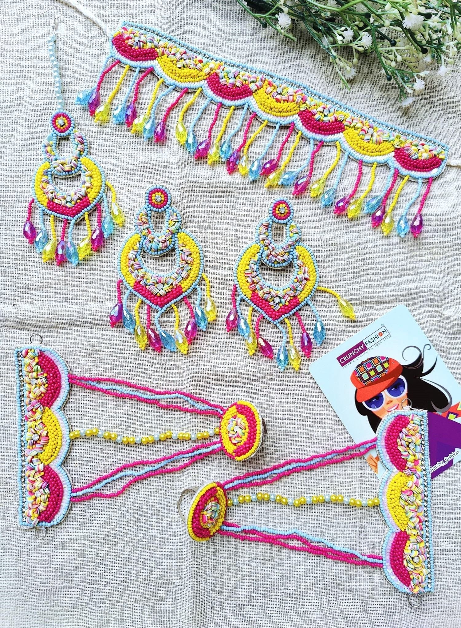 Handmade Multicolor Beaded Haldi Jewellery Set for Bride