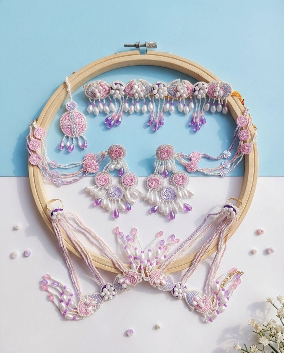 Handmade Baby Pink and Lavender Beaded Haldi Jewellery Set