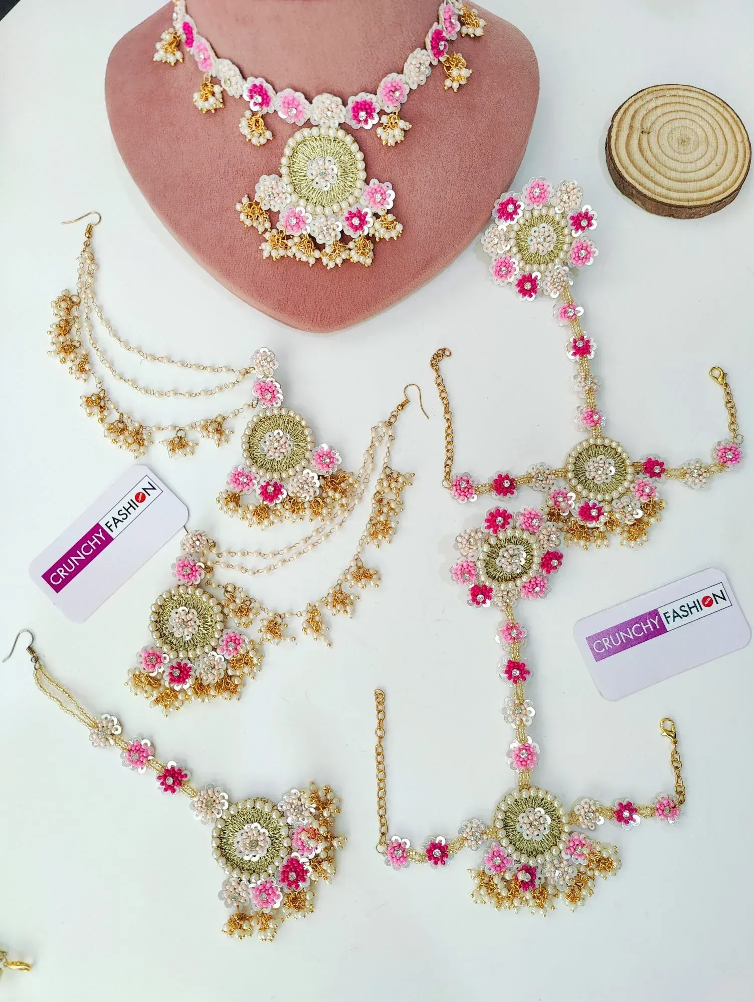 Handmade Pink and White Floral Haldi Jewellery Set with Golden Beadwork