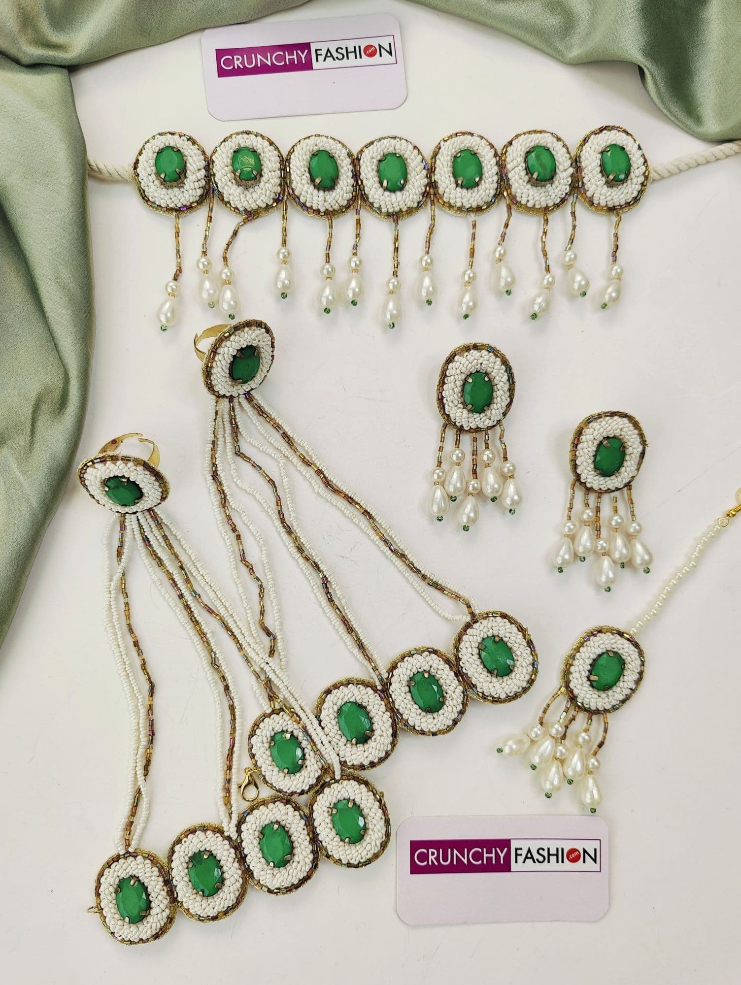 Handmade Green Stone and White Beaded Haldi Jewellery Set