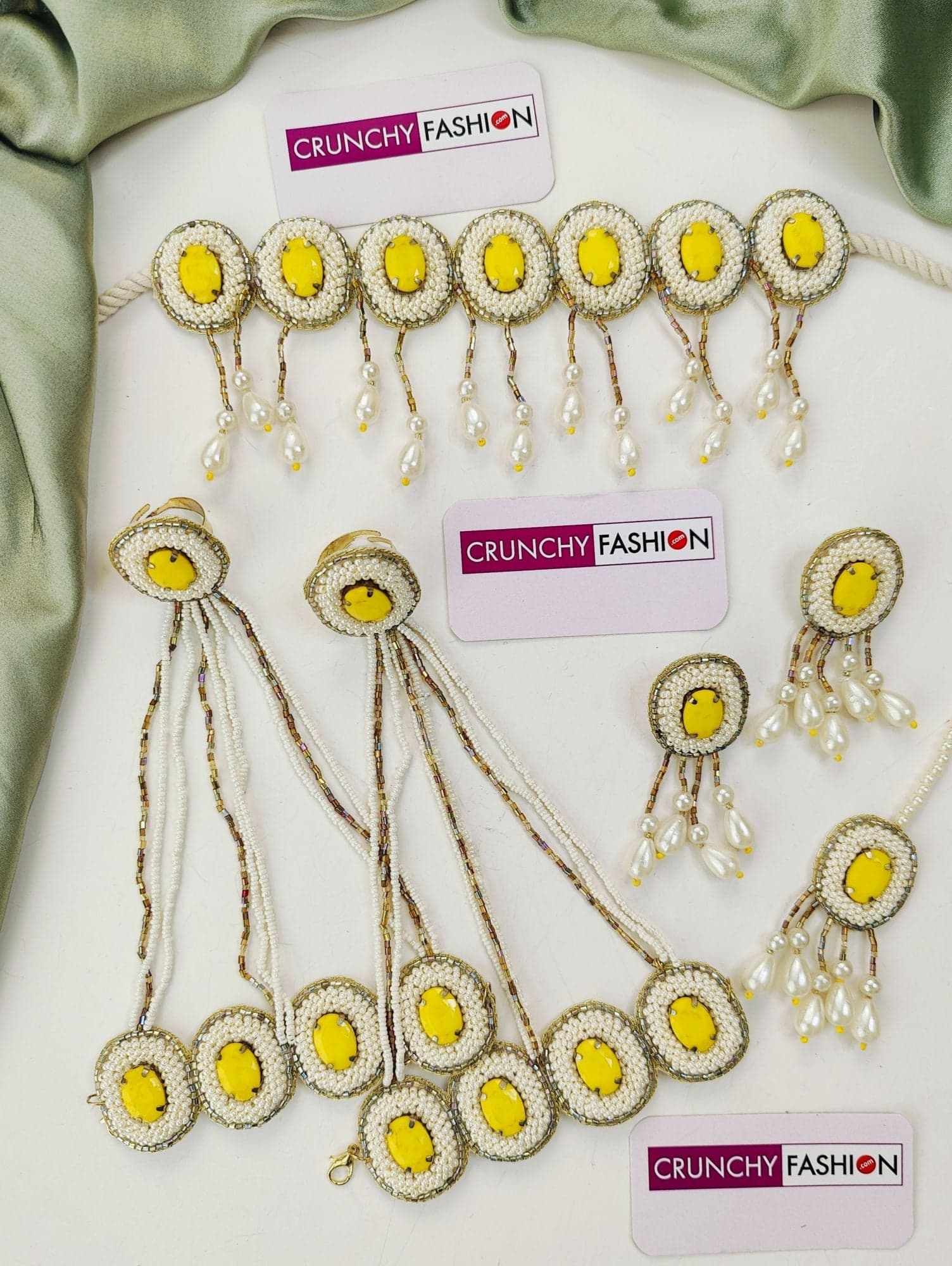 Handmade Yellow Stone and White Beaded Haldi Jewellery Set