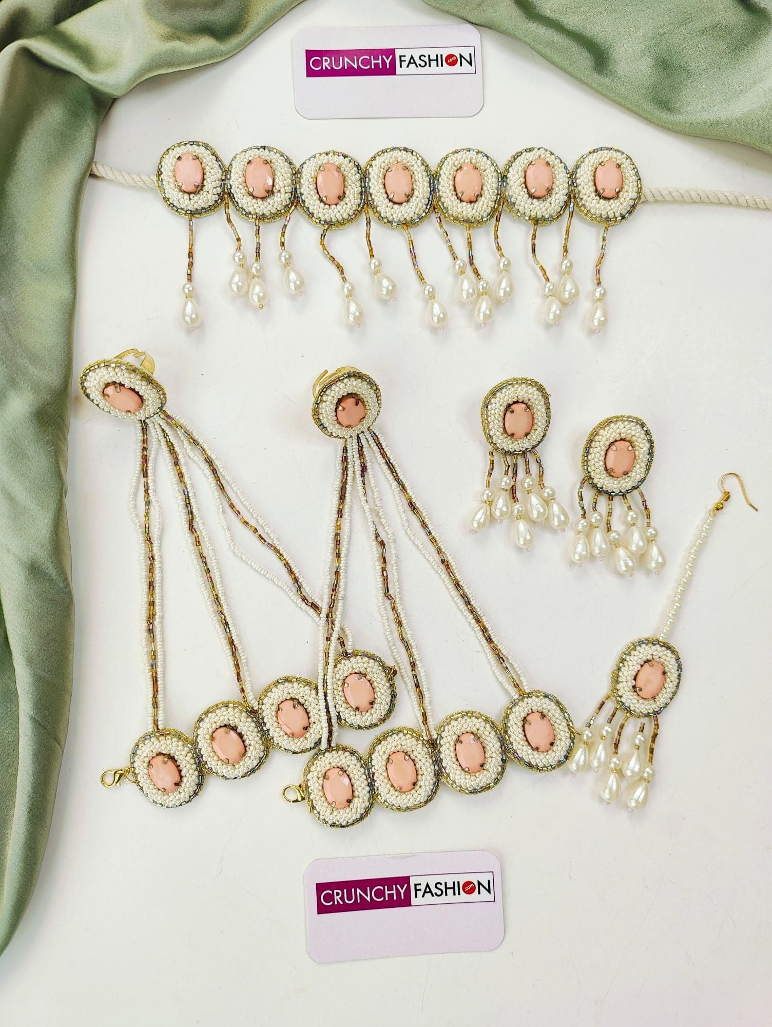 Handmade Peach Pink Stone and White Beaded Haldi Jewellery Set