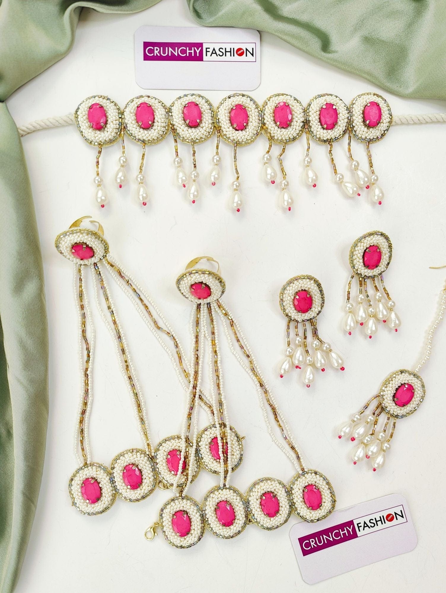 Handmade Rani Pink Stone and White Beaded Haldi Jewellery Set