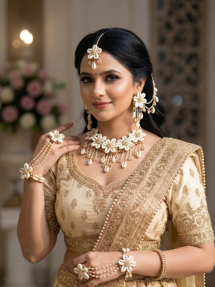 Ivory Daisy Flower Jewellery Set with Kundan Style Drops