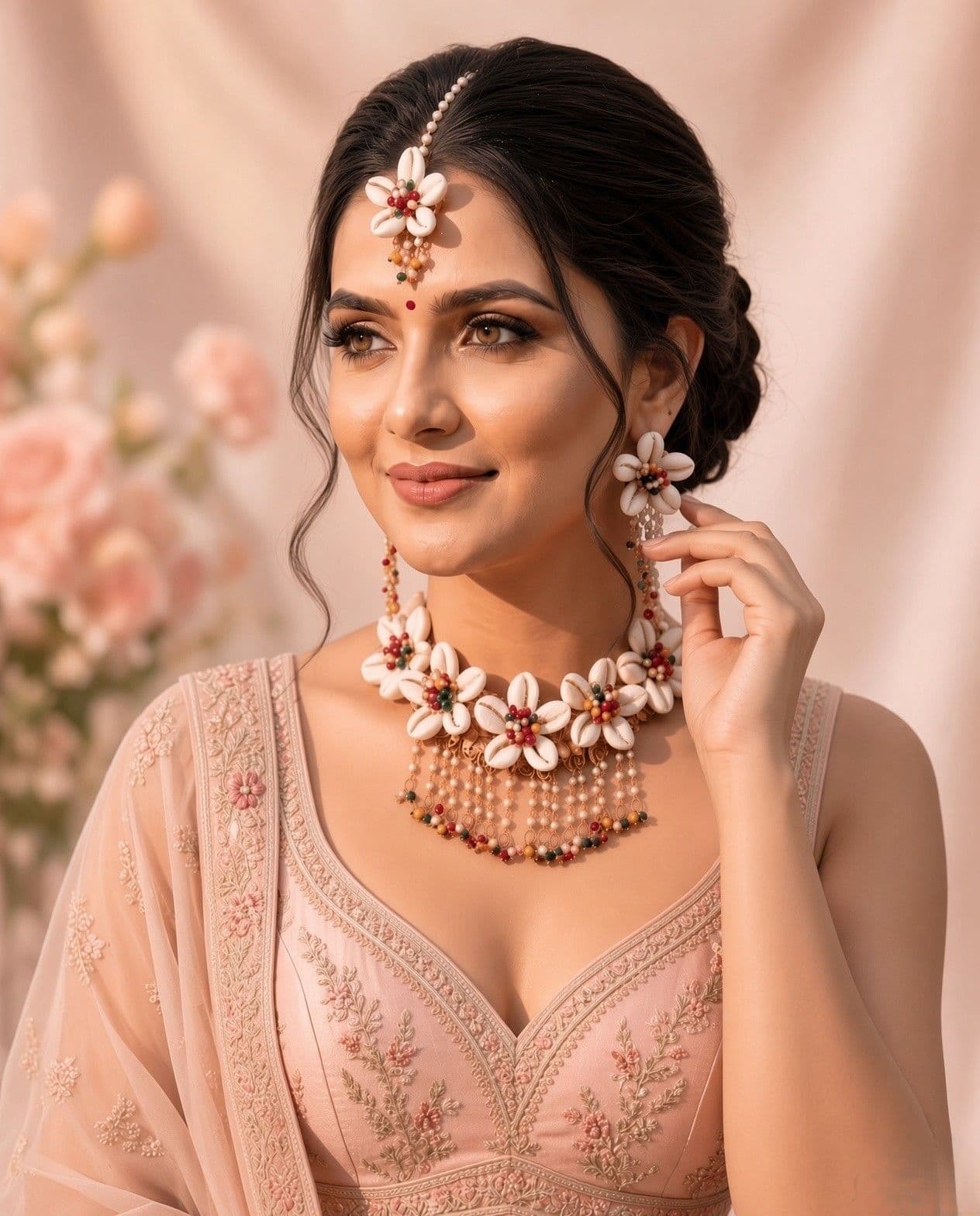 Ivory Cowrie Shell Floral Haldi Jewellery Set with Multicolour Beads