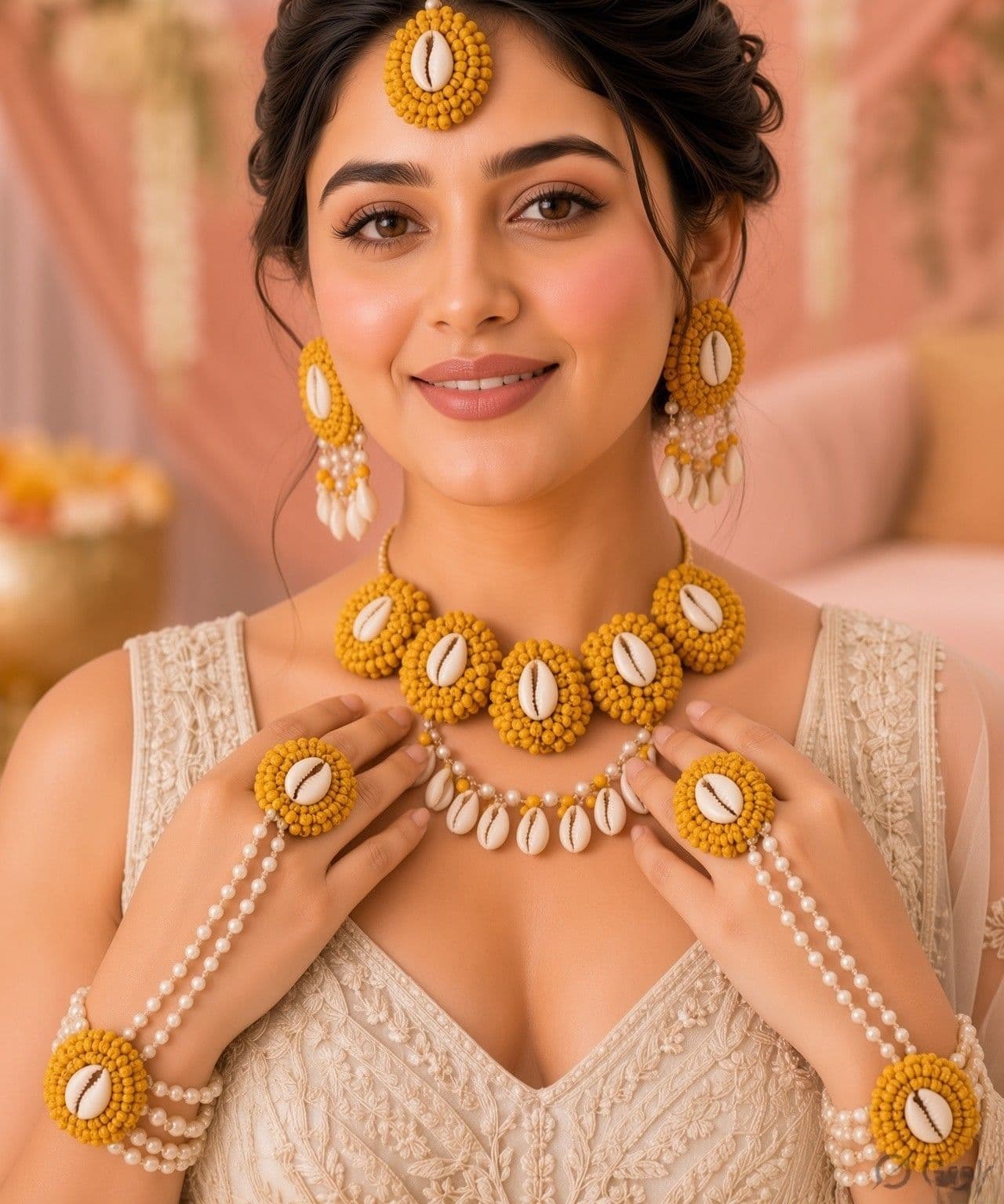 Mustard Yellow Cowrie Shell Haldi Jewellery Set with Pearl Hand Chains