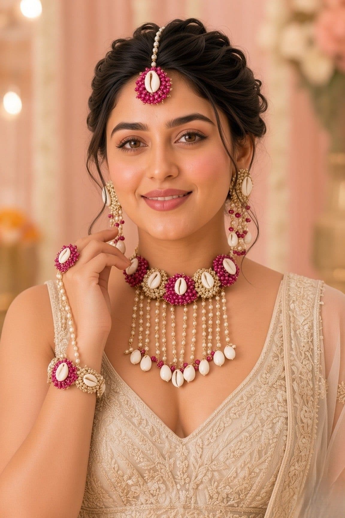 Rani Pink Cowrie Shell Bridal Jewellery Set with Cascading Pearl Tassels