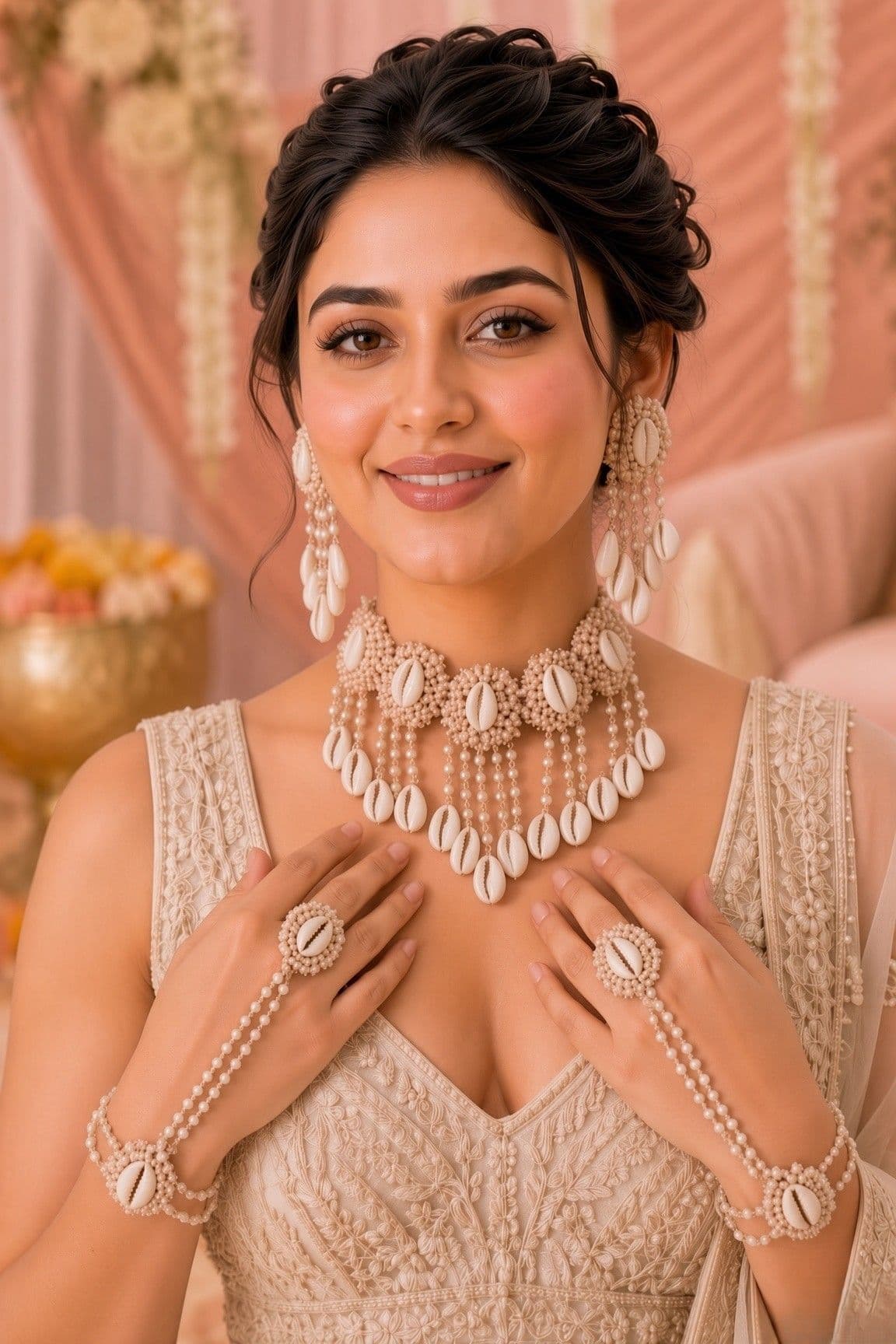 Champagne Ivory Cowrie Shell Haldi Jewellery Set with Layered Pearl Choker