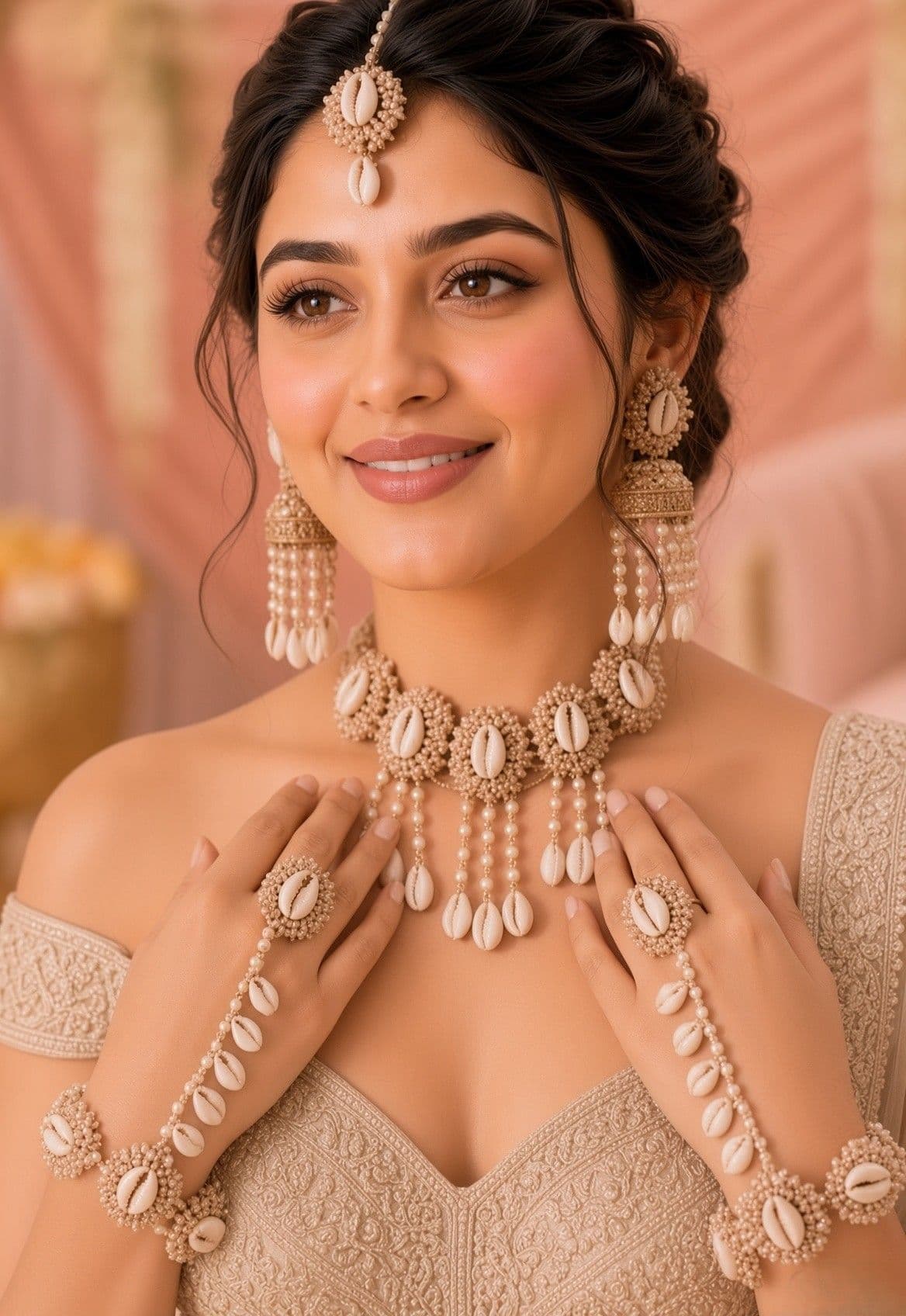 Champagne Ivory Cowrie Shell Haldi Jewellery Set with Layered Pearl Choker